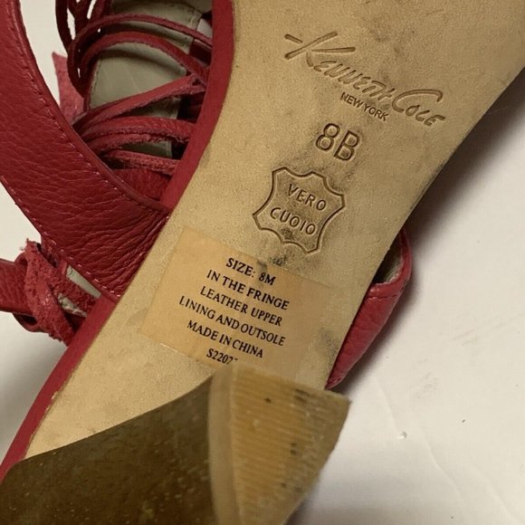 Kenneth Cole Pink Fuchsia Leather Fringe Wood Heels Sandals Sz 8M Ankle Straps - Picture 9 of 9